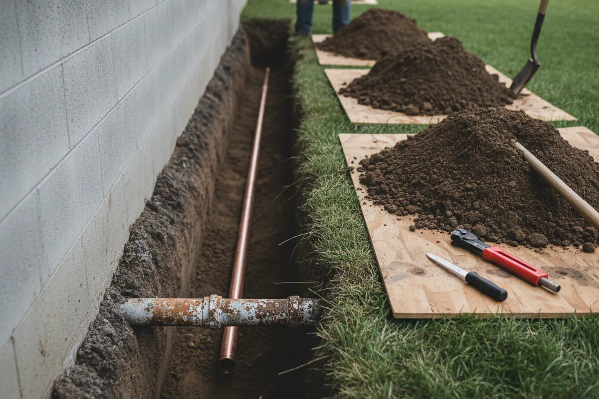 Excavated water line trench during Water Heater Repair in White House
